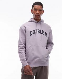 Хлопковая толстовка с капюшоном Double A By Wood James с логотипом в сиренево-сером цвете