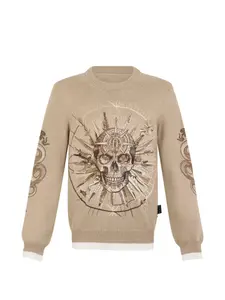 Свитер с круглым вырезом и черепом в стиле татуировки Philipp Plein, бежевый