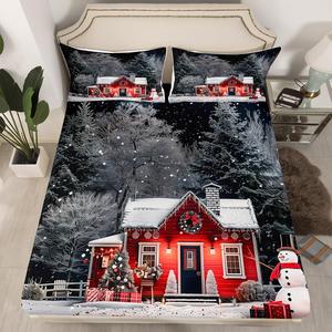 Erosebridal Зимний комплект постельного белья с новогодним принтом ёлки и снеговика для детей, Grey Red