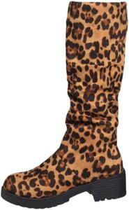 HoaloX Женские модные сапоги до середины икры, большого размера, с леопардовым принтом, на толстом каблуке, подходят для осенних и зимних образов.