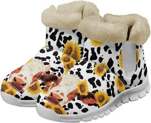 Унисекс зимние снежные ботинки JoyLamoria, эластичные ботильоны до щиколотки, уличные, легко надеваются, удобные пушистые ботинки, Sunflower Cow Print