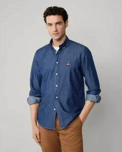 Мужская рубашка из шамбре однотонная, приталенного кроя, с логотипом Birdie Façonnable, индиго
