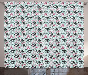 Штора ABAKUHAUS Dia De Los Muertos Rustic Curtain, Floral Skull Design, Universal Tape Curtain for Living Room with Loops and Hooks, 280 x 225 см, темно-серо-бирюзовый Abakuhaus