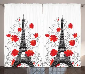 Штора ABAKUHAUS Эйфелева башня в деревенском стиле, романтическое парижское искусство, универсальные ленточные шторы для гостиной с петлями и крючками, 280 x 245 см, ярко-черный и серый Abakuhaus