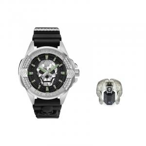 Мужские часы с кварцевым механизмом, силиконовым ремешком и черным циферблатом PHILIPP PLEIN, подарочная упаковка
