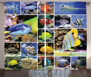 Штора ABAKUHAUS Тропический деревенский, подводный коллаж, универсальная ленточная штора для гостиной с петлями и крючками, 280 x 175 см, сине-желтая Abakuhaus