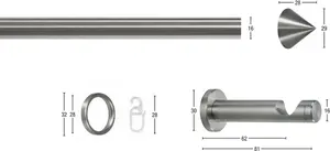 Карниз для штор GARESA "ORION", 1 направляющая, желаемая длина, комплект для штор, выдвижной, наконечник, нержавеющая сталь, с кольцами и крючками 190 см, Ø16мм, цвет edelstahlfarben