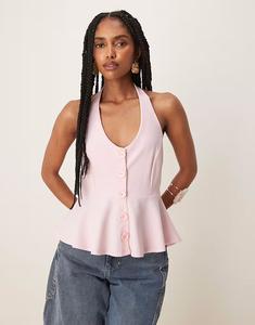 Удлиненный топ с застежкой-халтером на талии и пуговицами нежно-розового цвета Asos Design