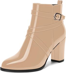 Женские ботильоны MODENCOCO осень-зима с застежкой, модные, из лакированной кожи, с круглым носком, на высоком блочном каблуке 3,5 дюйма, Beige