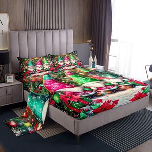 Erosebridal Комплект постельного белья Magical Santa Claus с новогодними гномами, ёлками, снежинками и цветами для детей и взрослых, Green Red