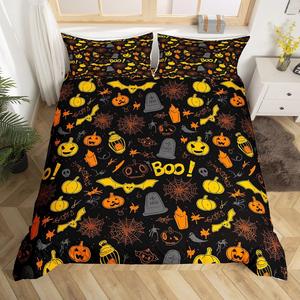 Erosebridal Комплект постельного белья Halloween с тематическим принтом тыкв, привидений, пауков и скелетов в оранжево-желтой гамме для детской комнаты, Multi 15