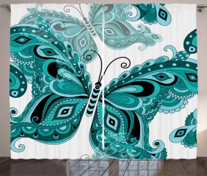 Штора ABAKUHAUS "Бабочка" в деревенском стиле с декоративным рисунком животных, присборенная штора из тесьмы для спальни с петлями и крючками, 280 x 225 см, бледно-голубой, черный, бирюзовый Abakuhaus