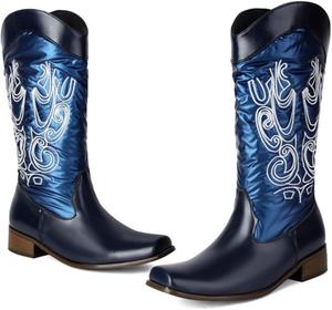 Женские сапоги ZQW Western средней высоты из кожи с квадратным носком, вышивкой и широким размером, плюс сайз, ковбойские сапоги для верховой езды, Blue