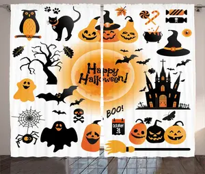 Штора ABAKUHAUS Halloween Rustic, Счастливое привидение, универсальная ленточная штора для гостиной с петлями и крючками, 280 x 175 см, цвет: оранжево-черный Abakuhaus