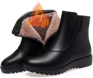 Женские кожаные зимние ботинки MAMA с флисовой подкладкой, боковой молнией, водонепроницаемые, теплые снежные ботильоны с круглым носком, повседневные ретро ботинки Galonfulty, Black