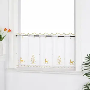 Занавеска Christmas Cafe с вышивкой в виде золотых елок и оленей, праздничное украшение для окна кухни и ванной комнаты, карман для штанги, прозрачный белый, В x Ш: 30 x 120 см, 1 шт. Joyswahl