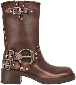 Женские кожаные ботинки выше щиколотки в ретро-стиле рыцаря с толстым каблуком, на молнии, средней длины, теплые зимние Generic, Brown