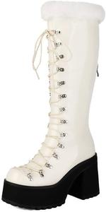Женские готические сапоги выше колена на платформе и танкетке с шнуровкой, байкерские, из лакированной кожи, с круглым носком Generic, White