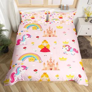 Erosebridal Комплект постельного белья Kids Unicorn с принтом радужных единорогов и замков для детей, Pink
