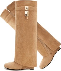 Сапоги с отворотом для женщин, острый носок, на танкетке, до колена, с боковой молнией и декоративным замком CDHYX, Beige-Suede