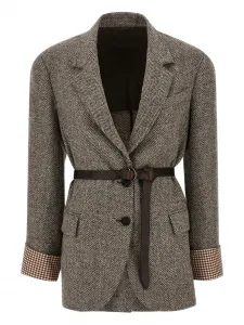 Блейзер с поясом в елочку Brunello Cucinelli, коричневый