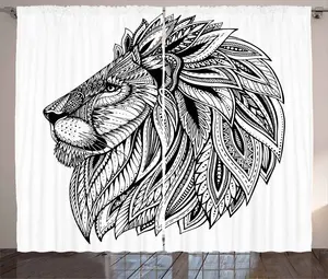 Штора ABAKUHAUS Лев в деревенском стиле, этнический рисунок животного из сафари, присборенная штора из тесьмы для спальни с петлями и крючками, 280 x 225 см, белый с черным Abakuhaus