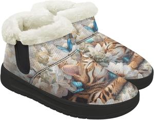 Мини-сапожки для женщин с мехом, зимние снегоходные сапоги на меховой подкладке, противоскользящие, теплые зимние обувь, устойчивая к пятнам Chririnla, Elegant Floral Cat