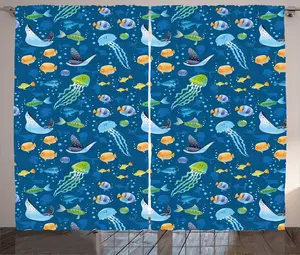 Штора ABAKUHAUS Под морем в деревенском стиле, Рыба, Черепаха, Вода, универсальная ленточная штора для гостиной с петлями и крючками, 280 x 225 см, темно-голубой, разноцветный Abakuhaus