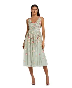 Женское платье миди с глубоким V-образным вырезом и вышивкой Mac Duggal, зеленый