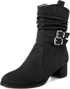 Женские ботинки YODEKS на низком каблуке с массивным каблуком, молнией, 2-дюймовым закругленным носком и пряжкой, замшевые, размер 5-13, Black