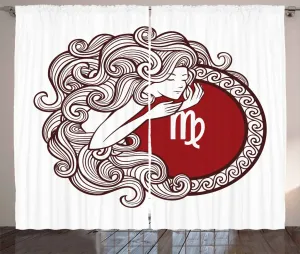 Штора ABAKUHAUS Virgin Rustic, Девушка с длинными волосами, со знаком зодиака, для спальни, со сборками, петлями и крючками, 280 x 225 см, цвет: белый, коричневый, рубиновый Abakuhaus