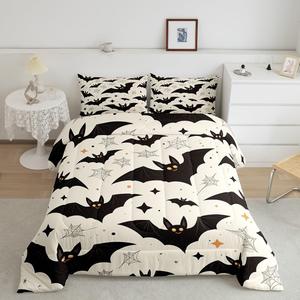 Erosebridal Готический комплект постельного белья Spider Webs с паутиной и летучими мышами, винтажный дизайн с галактическими звездами, Creamy White,black