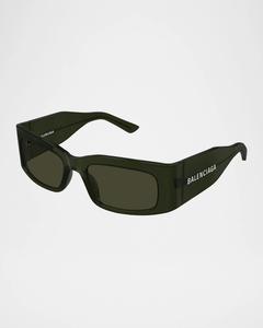 BB0328S Прямоугольные солнцезащитные очки с логотипом Balenciaga, цвет Shiny Transparent Dard Green