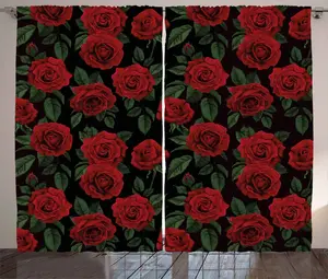 Штора ABAKUHAUS Rose Rustic, ретро-цветочный узор с лепестками и листьями, присборенная тесьма для спальни с петлями и крючками, 280 x 175 см, цвет: рубиново-зеленый, черный Abakuhaus