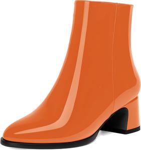 Женские ботильоны MOVINSTEPS с круглым носком, на молнии, свадебные, сексуальные, из лакированной кожи, однотонные, с массивным низким каблуком 2 дюйма, Orange