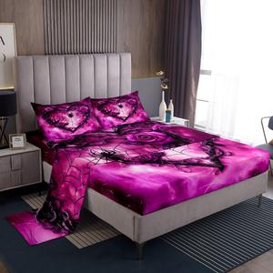 Erosebridal Комплект постельного белья Hot Pink Gothic с романтичными сердцами, розами и паутиной в готическом стиле, Pink