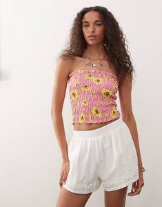 Топ-бандо с присборенным верхом и принтом розовых нарциссов Reclaimed Vintage