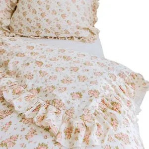 Комплект постельного белья из муслина с оборками: пододеяльник 220x200 см + 2 наволочки 70x80 см, розовые цветы EDANTI