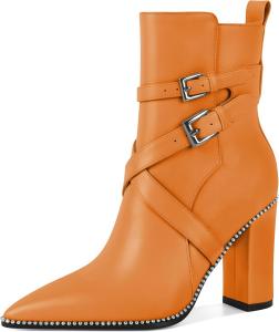 Женские ботильоны AUMOTED с заостренным носком, украшенные бисером, массивным каблуком 3,5 дюйма, с боковой молнией, вестерн-стиль, Matte Orange