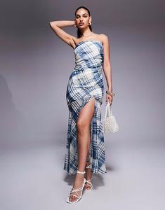 Длинное платье-бандо из шифона ASOS DESIGN в синюю клетку