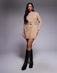 Трикотажное платье-джемпер River Island с поясом светло-коричневого цвета