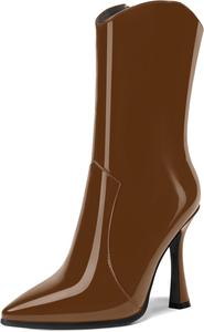 Женские ботильоны AMBELIGHT с молнией, цельной лакированной кожи, заостренным носком, деловые, сексуальные, на высоком каблуке 4 дюйма, Brown