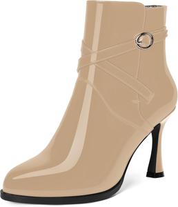 Женские ботильоны WAYDERNS с круглым носком, лаковой отделкой, ремешком на щиколотке, пряжкой, высокие каблуки 3,3 дюйма для холодной погоды, Beige