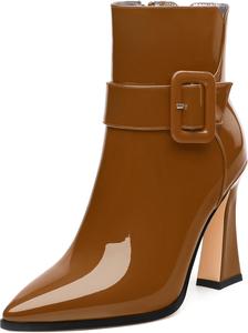 Женские ботильоны, высокие ботильоны на каблуке, ботильоны с заостренным носком, короткие модные ботинки с боковой молнией и пряжкой для женщин GUAVAIVY, Brown Patent