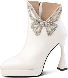 Женские ботильоны TinaCus ручной работы из натуральной кожи с бабочкой из страз, боковой молнией, заостренным носком и высокими каблуками-стилетами, Beige