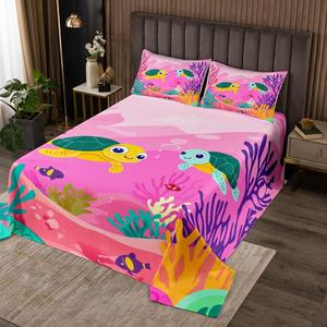 Erosebridal Комплект постельного белья King Size с мультяшными черепашками в подводном мире из кораллов розового цвета, Pink Green