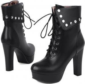 Женские ботильоны Alyaafifa на шнуровке с массивным каблуком, платформой и закрытым носком, из матовой кожи, с заклепками, высокие короткие ботинки, сексуальные винтажные туфли, Black - A