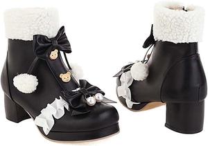 Женские модные ботильоны Elyffany с бантом, милые туфли Лолита с объемным каблуком и плюшевой отделкой, Black