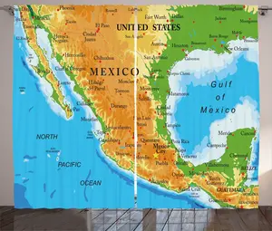 Штора ABAKUHAUS Cacun Rustic с подробной картой мексиканских океанов, универсальная ленточная штора для гостиной с петлями и крючками, 280 x 225 см, насыщенный небесно-голубой многоцветный Abakuhaus