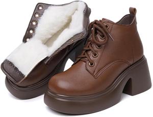 Женские ботинки на платформе с массивным каблуком, натуральная кожа, шерстяная подкладка, классический круглый носок, шнуровка, мягкая подошва, боковая молния, зимние ботинки ENJGU, Brown